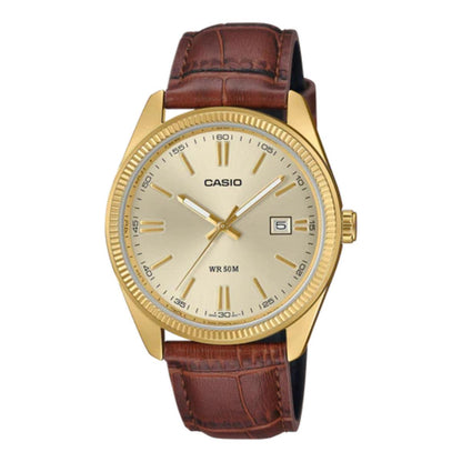 Casio watch with brown leather strap and gold casing on a white background