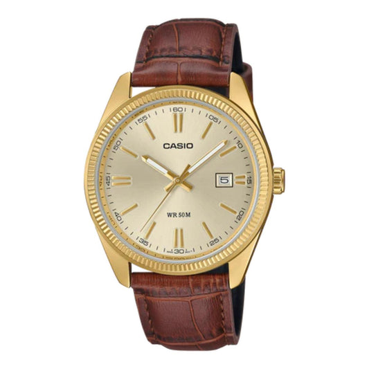 Casio watch with brown leather strap and gold casing on a white background