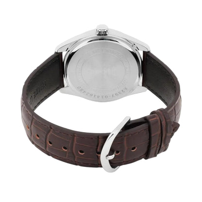 Watch with brown leather strap and silver case on a white background