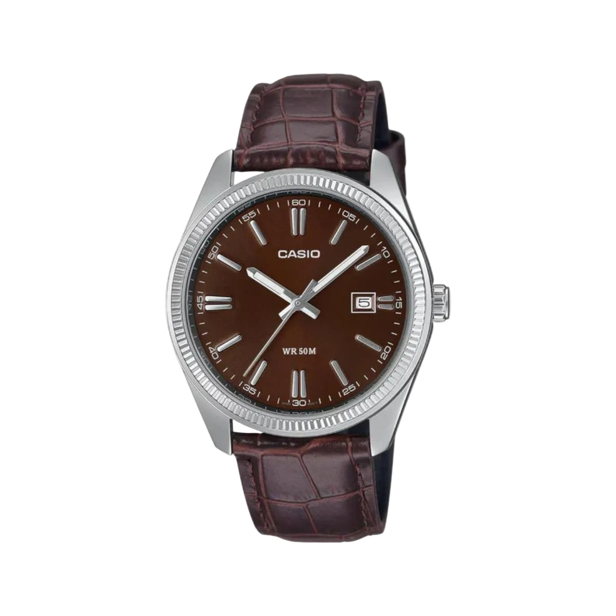 Casio watch with brown leather strap on a white background
