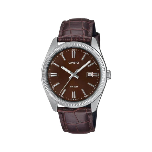 Casio watch with brown leather strap on a white background