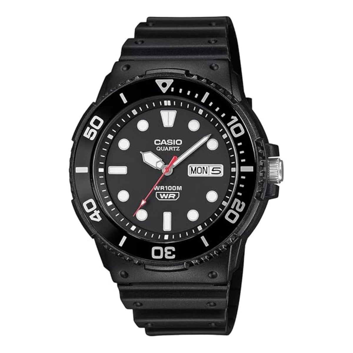 Black Casio watch with a white face on a white background