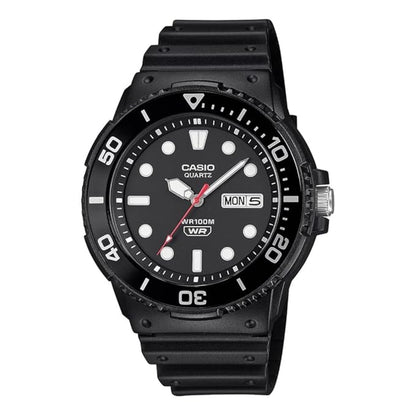Black Casio watch with a white face on a white background