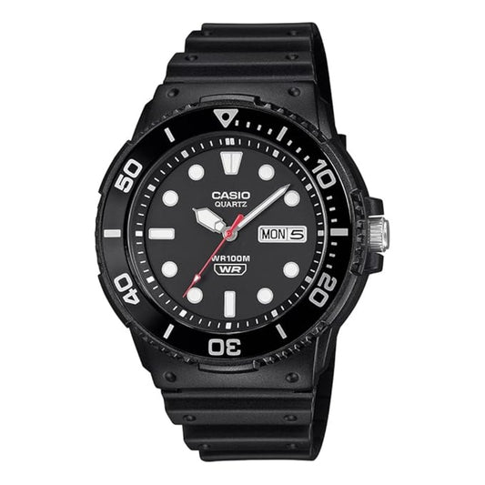 Black Casio watch with a white face on a white background