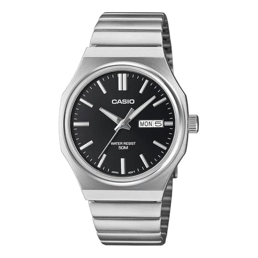 Casio watch with silver bracelet and black dial on a white background