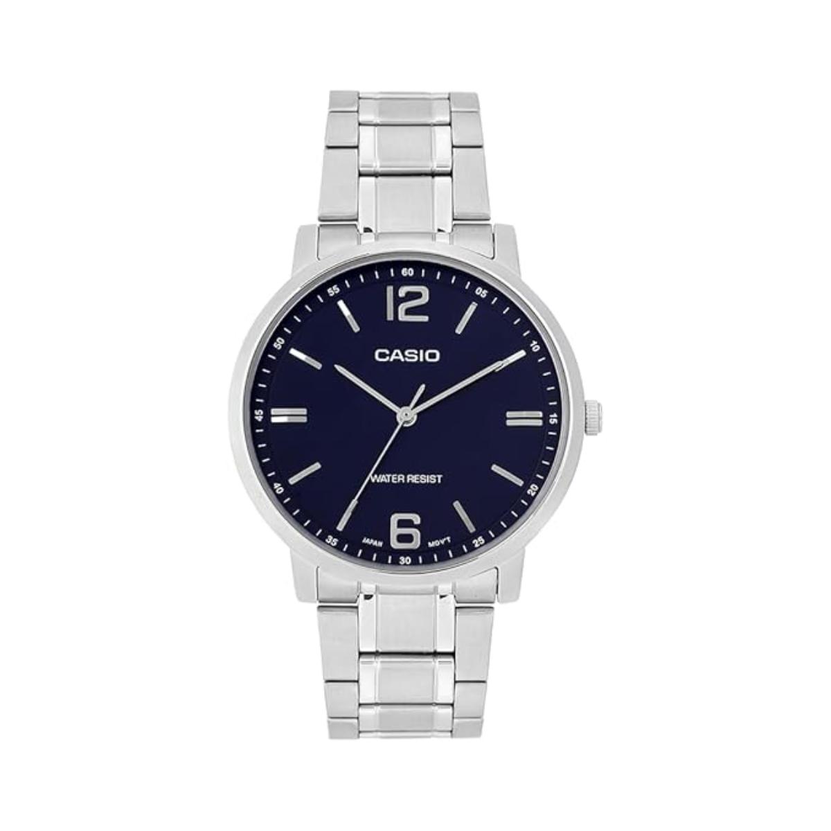 Casio watch with silver metal strap and blue dial on a white background