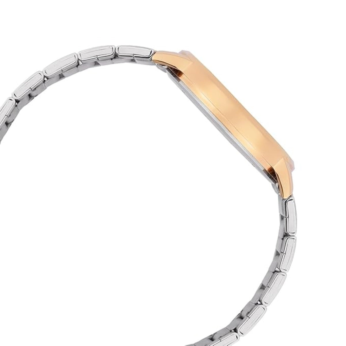 Two-tone bracelet with rose gold and silver links on a white background