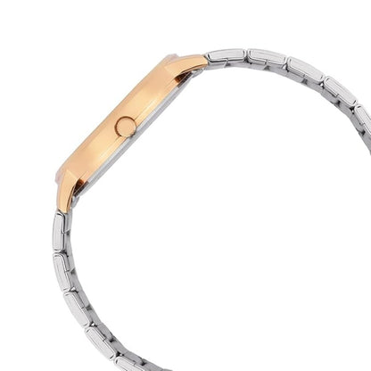 Two-tone bracelet with rose gold and silver links on a white background