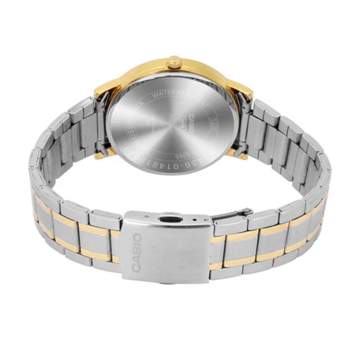Casio watch with two-tone metal band on a white background