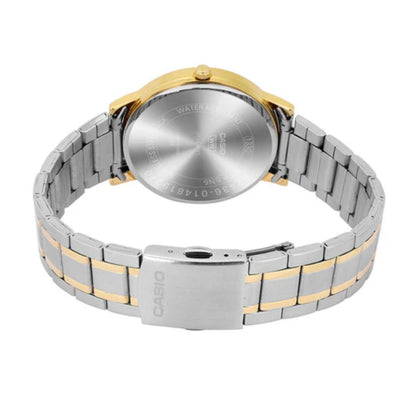 Casio watch with two-tone metal band on a white background
