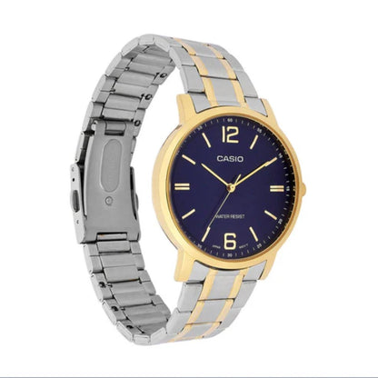 Casio watch with two-tone metal strap on a white background