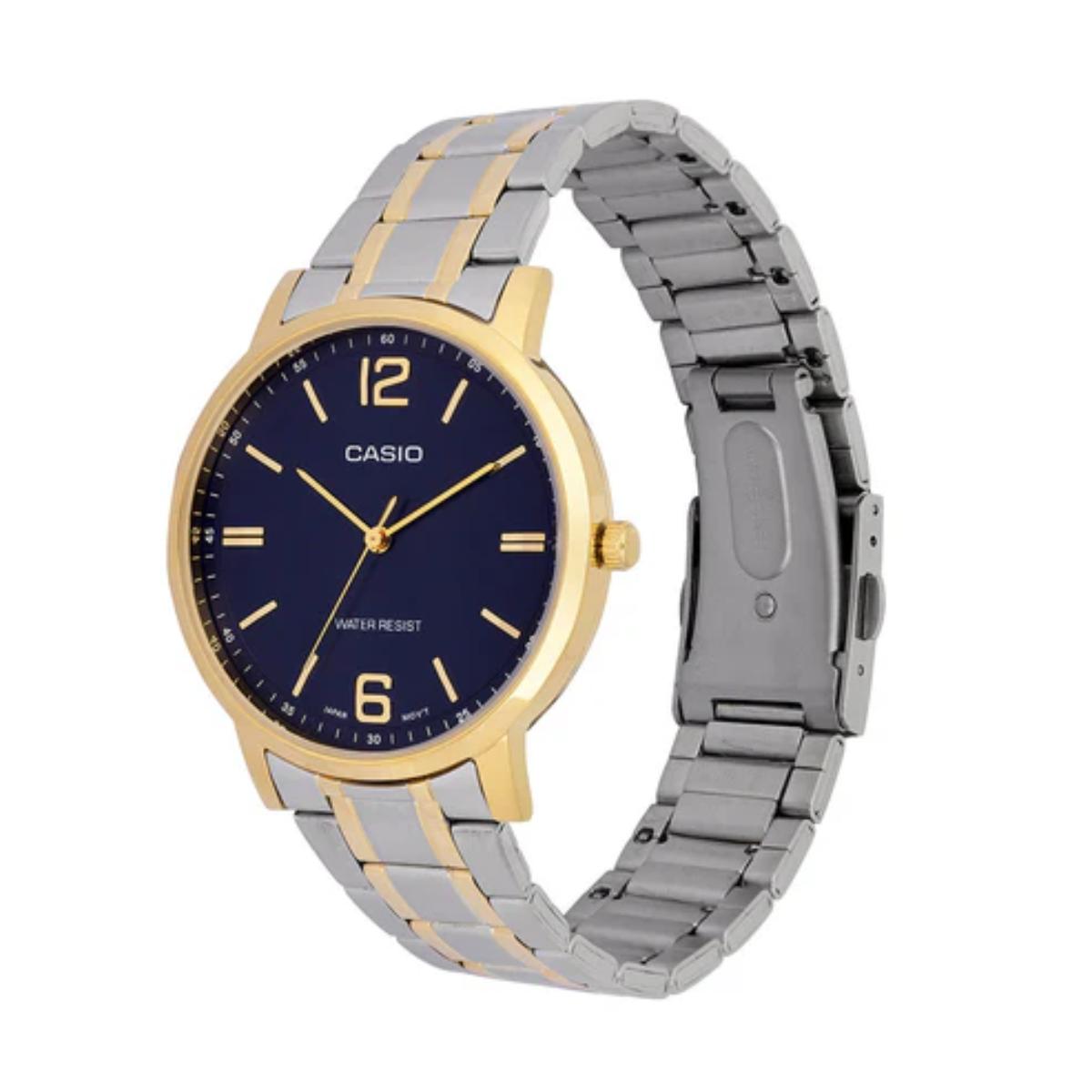 Casio watch with two-tone metal strap on a white background