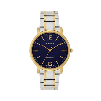 Casio watch with two-tone metal strap on a white background