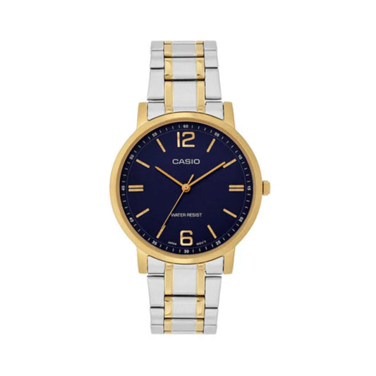 Casio watch with two-tone metal strap on a white background