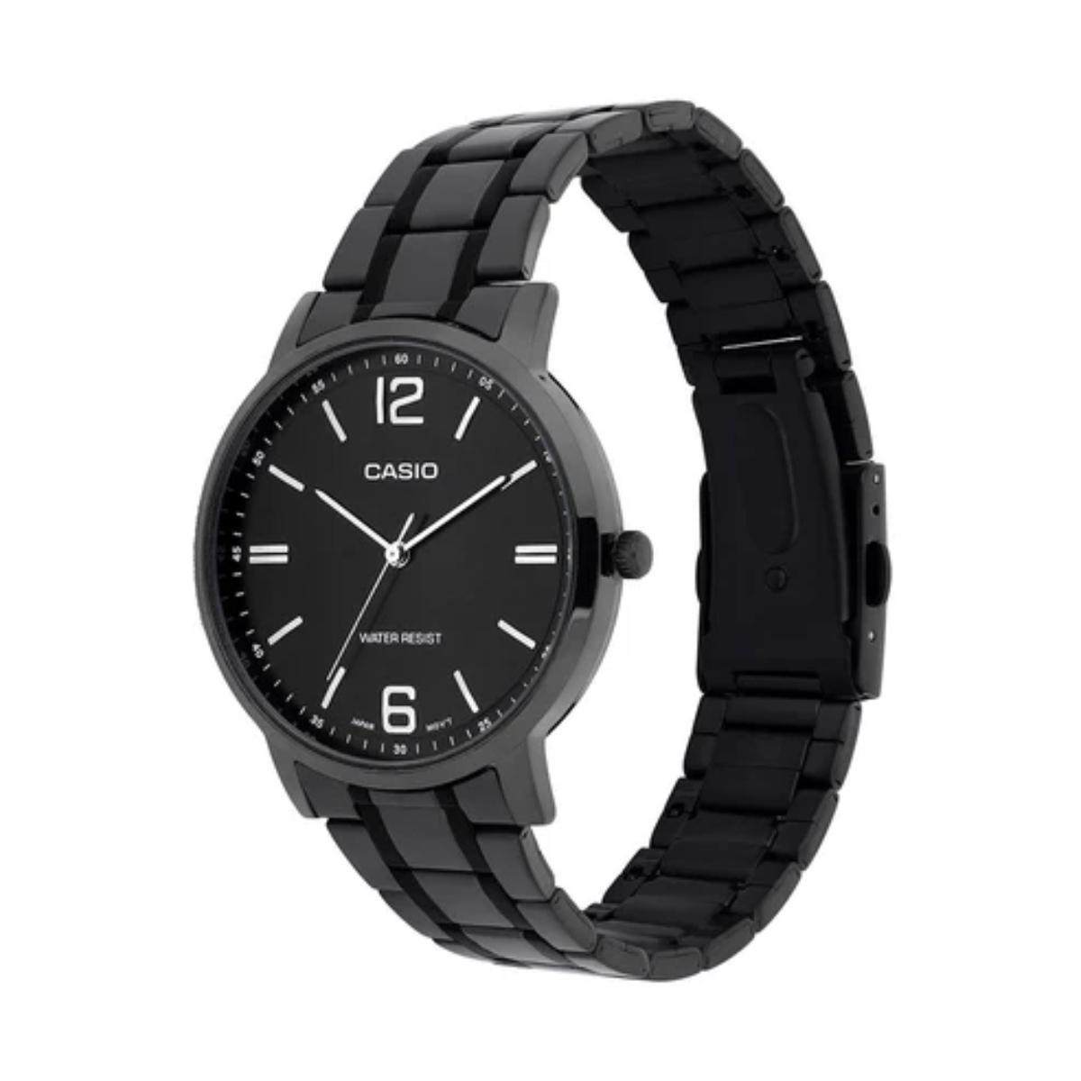 Black Casio watch with a metallic band on a white background