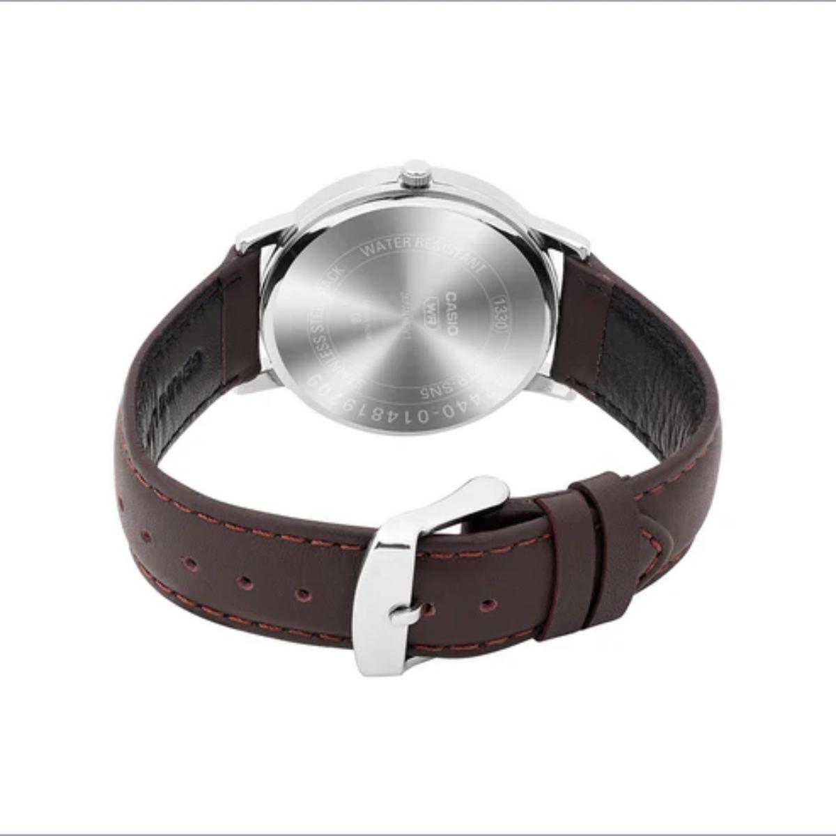 Watch with brown leather strap and silver case on a white background