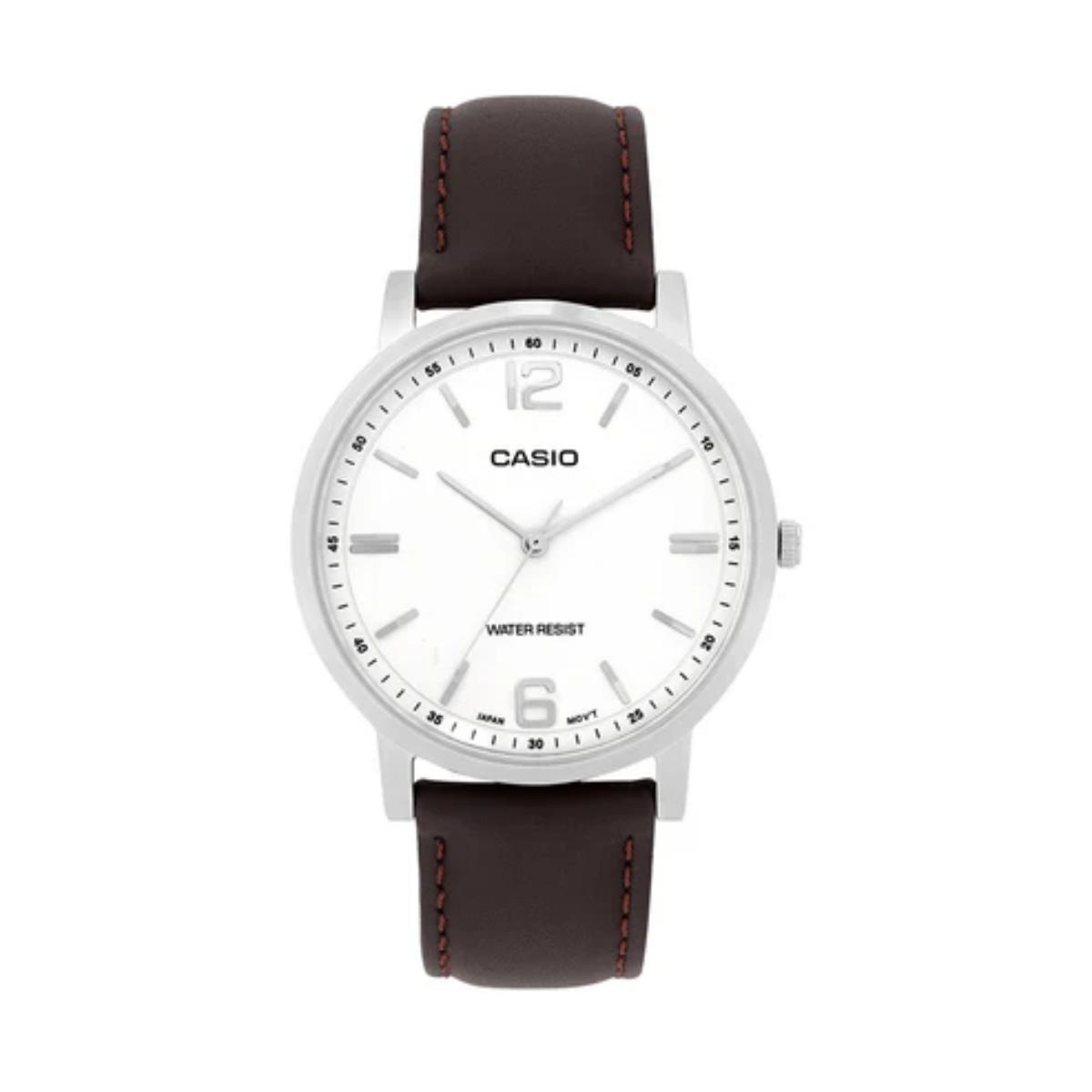 Casio watch with brown leather strap on a white background