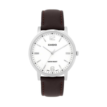 Casio watch with brown leather strap on a white background