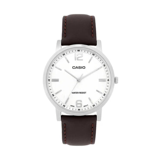 Casio watch with brown leather strap on a white background