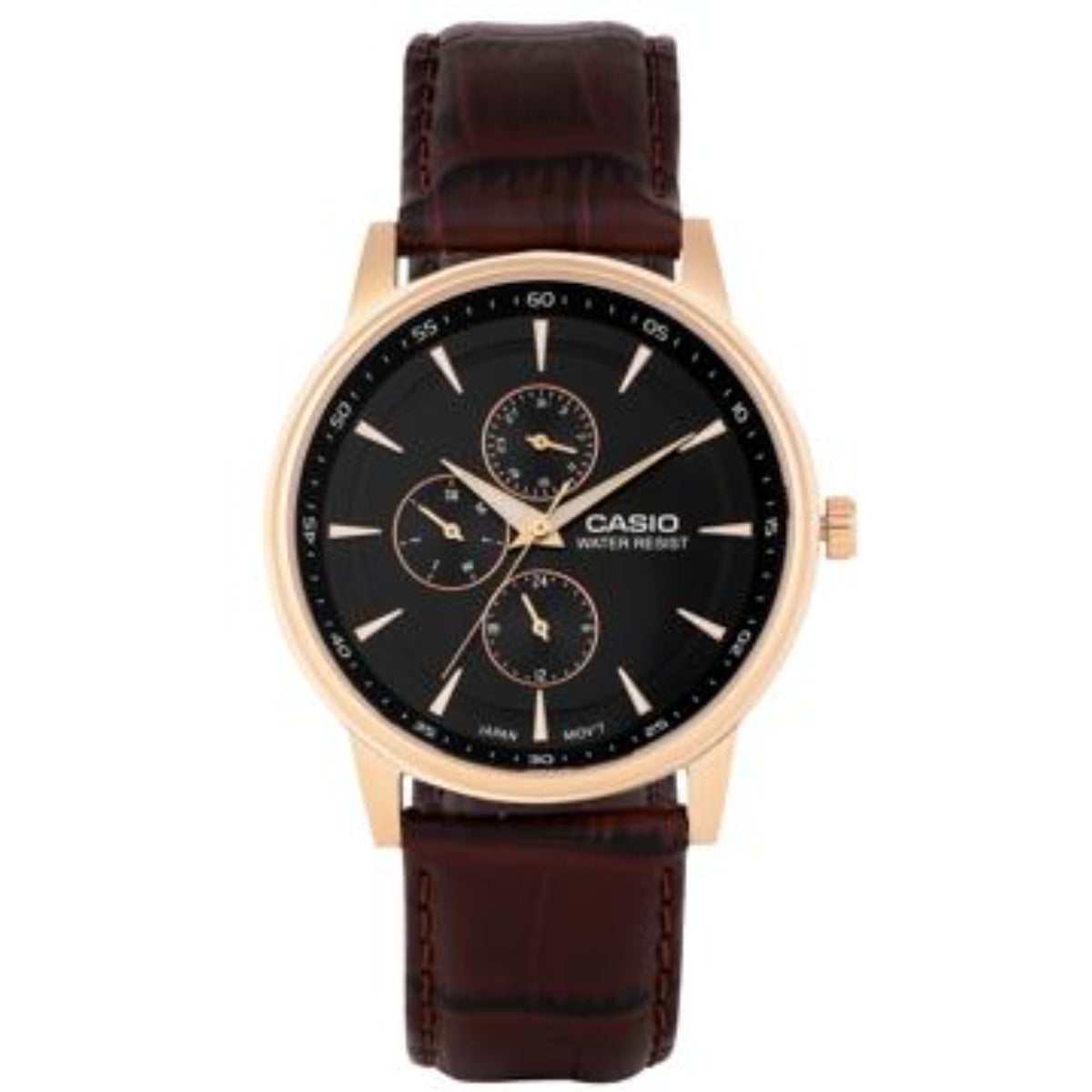 Casio watch with brown leather strap and black dial on a white background