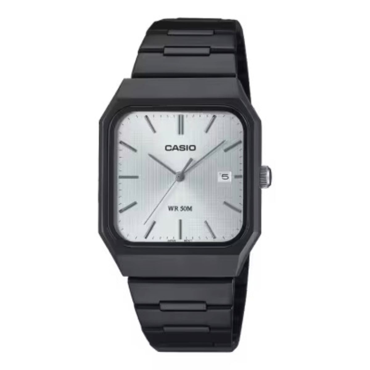 Black Casio watch with a white face on a white background