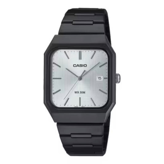 Black Casio watch with a white face on a white background