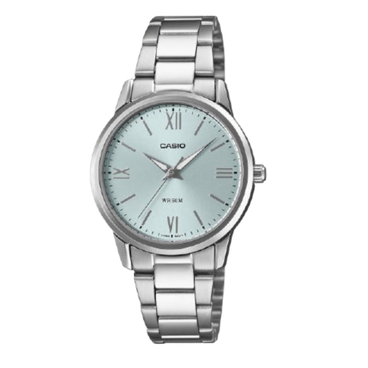 Silver Casio watch with a light blue face on a white background
