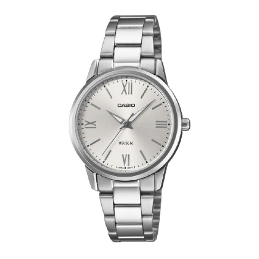 Silver Casio watch on a white background
