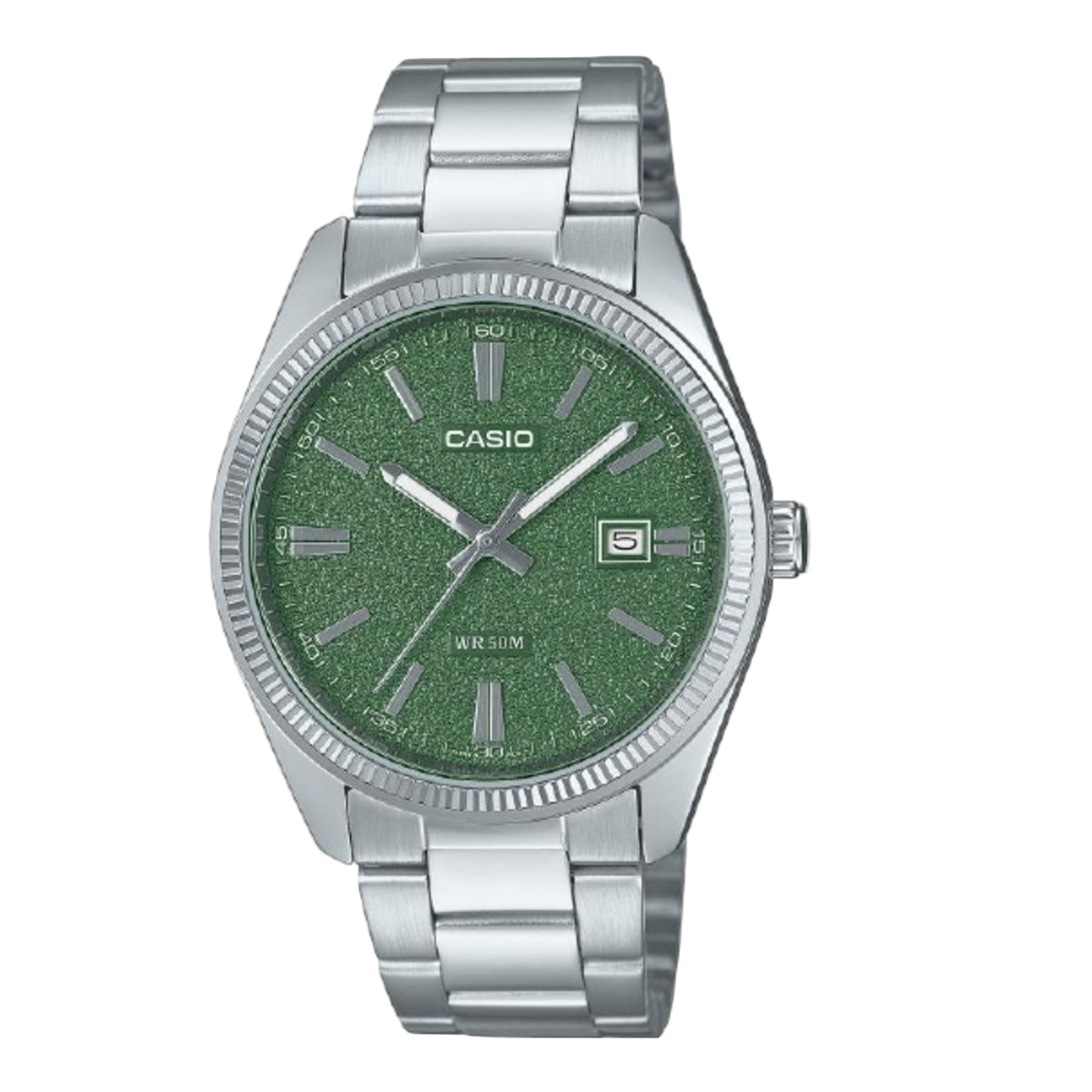 Casio watch with green dial and silver metal strap on a white background