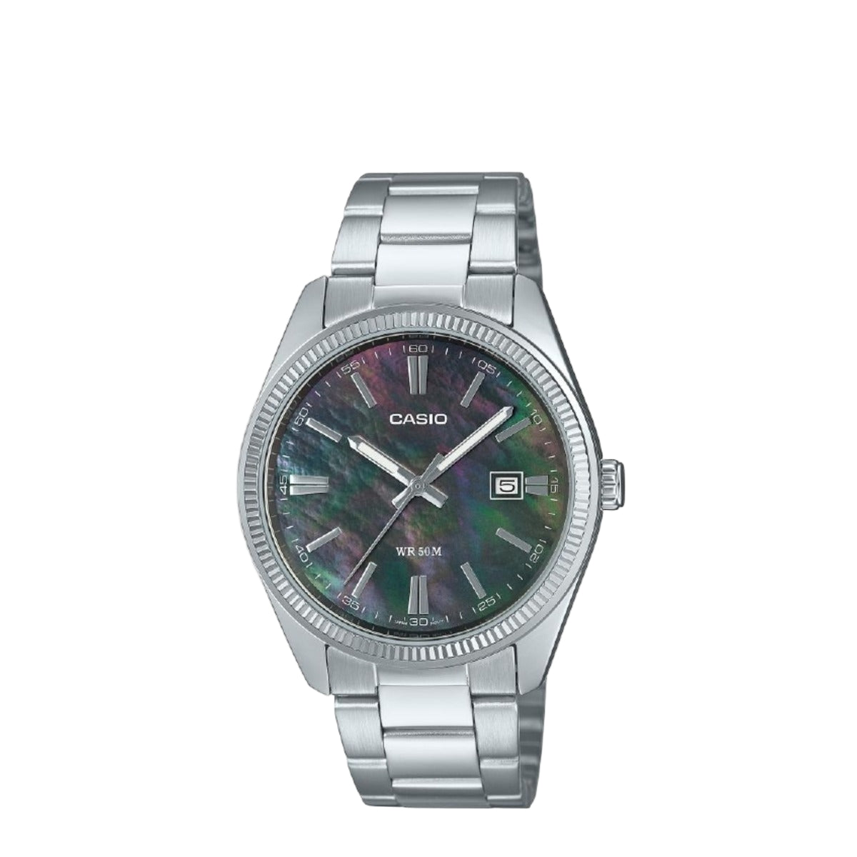 Silver Casio watch with a colorful face on a light gray background