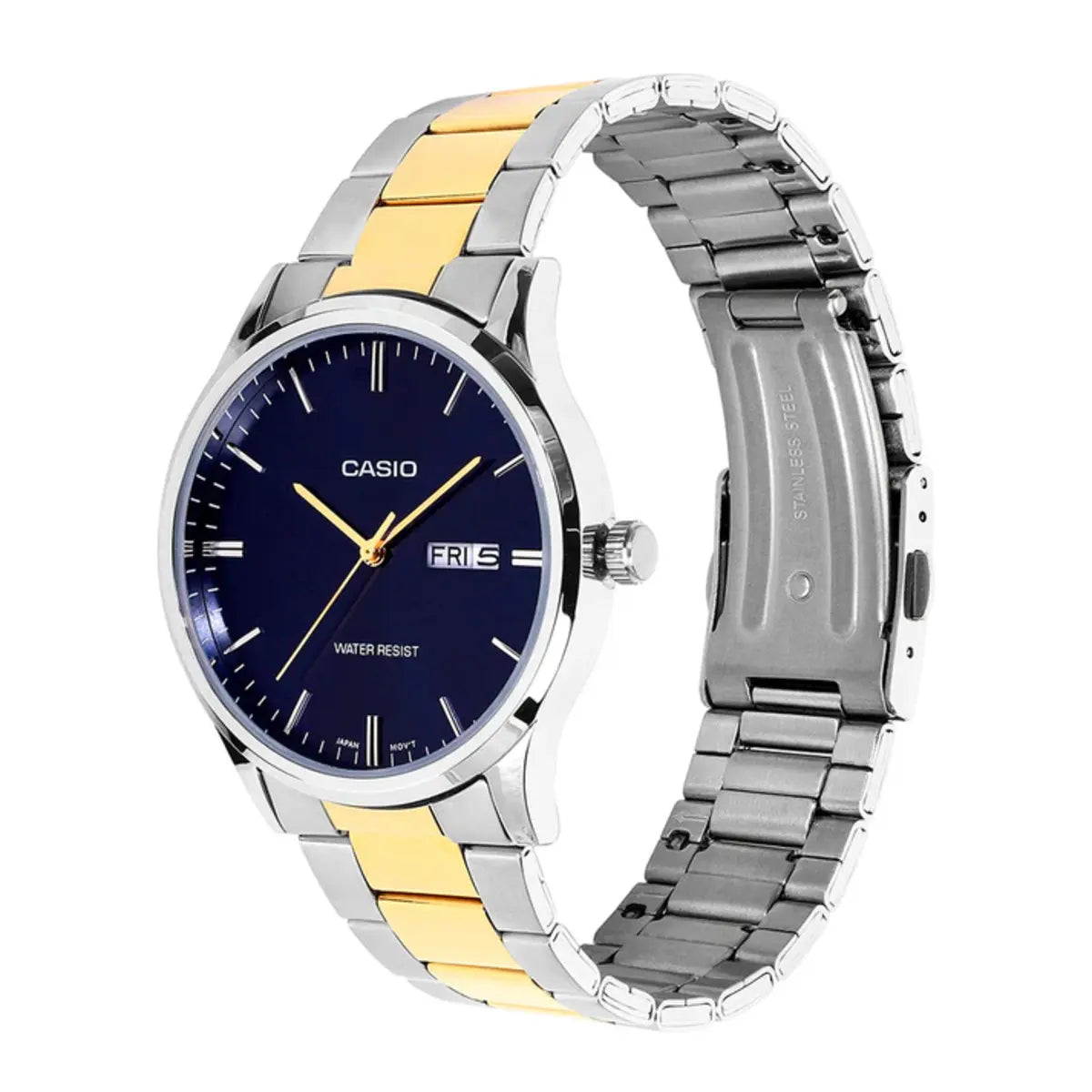 Casio watch with two-tone metal strap on a white background