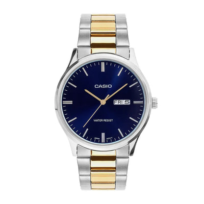Casio watch with two-tone metal strap on a white background
