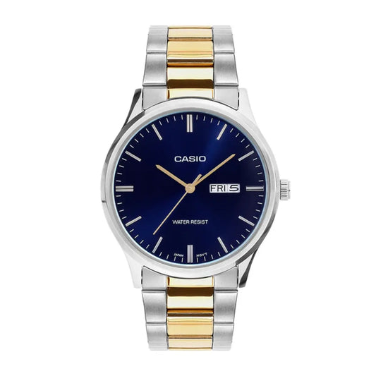 Casio watch with two-tone metal strap on a white background