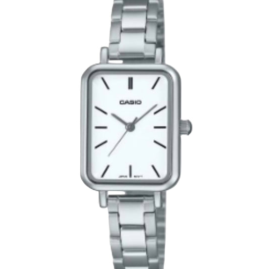 Silver Casio watch on a light gray background