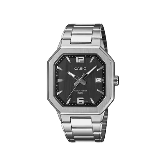Casio watch with silver metal strap and black dial on a white background