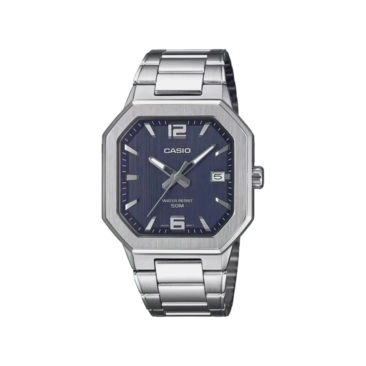 Casio watch with silver metal band and blue dial on a white background