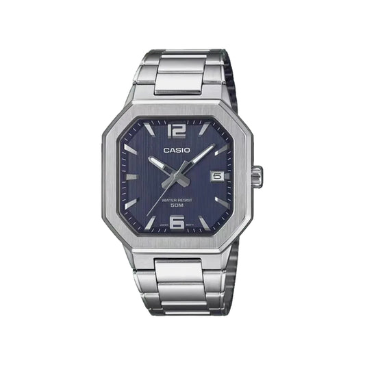 Casio watch with silver metal band and blue dial on a white background
