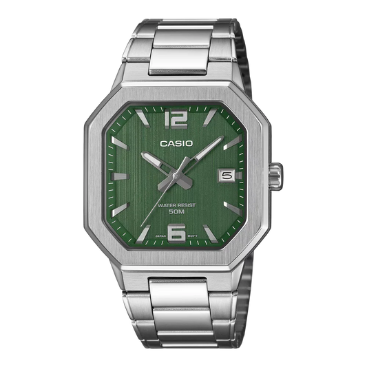 Casio watch with green dial and silver metal strap on a white background