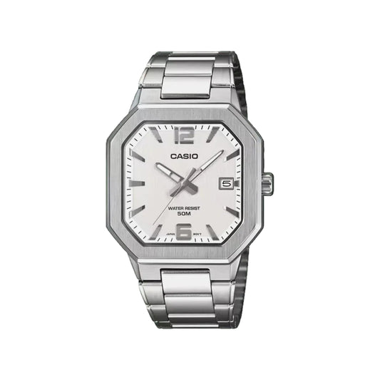 Silver Casio watch on a white background
