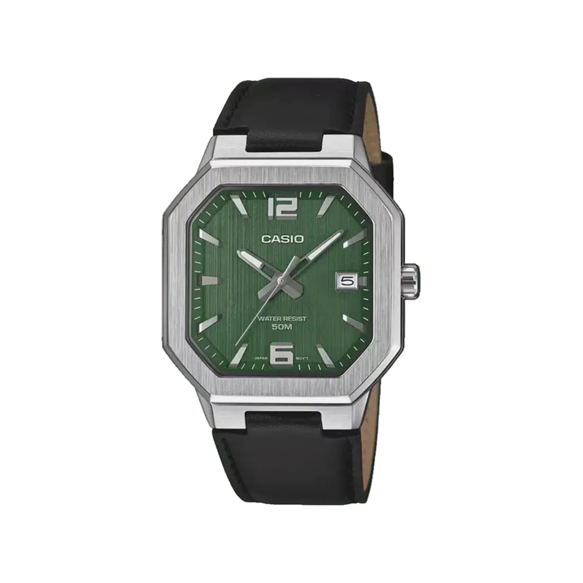 Casio watch with green face and black strap on a white background