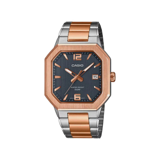Casio watch with rose gold and silver band on a white background