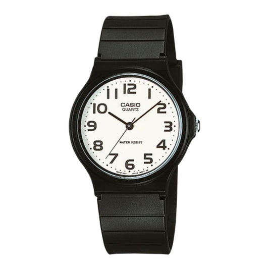Black Casio watch with a white face on a white background