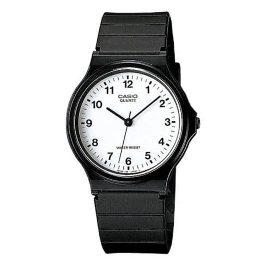 Black Casio watch with a white face on a white background