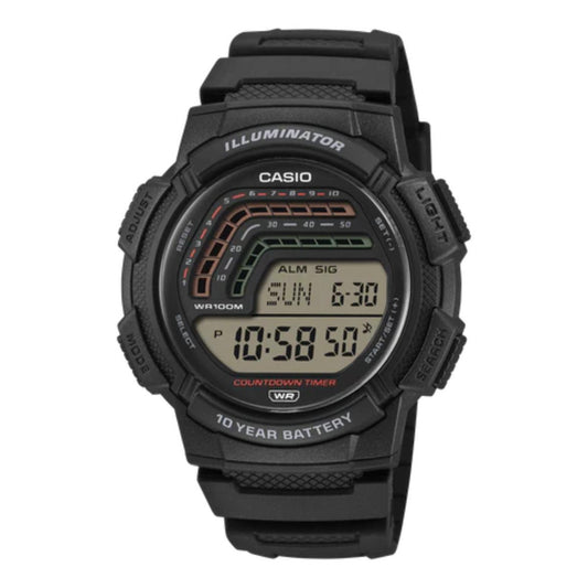 Black Casio digital watch on a white background