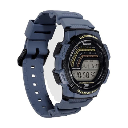 Blue Casio digital watch on a white background