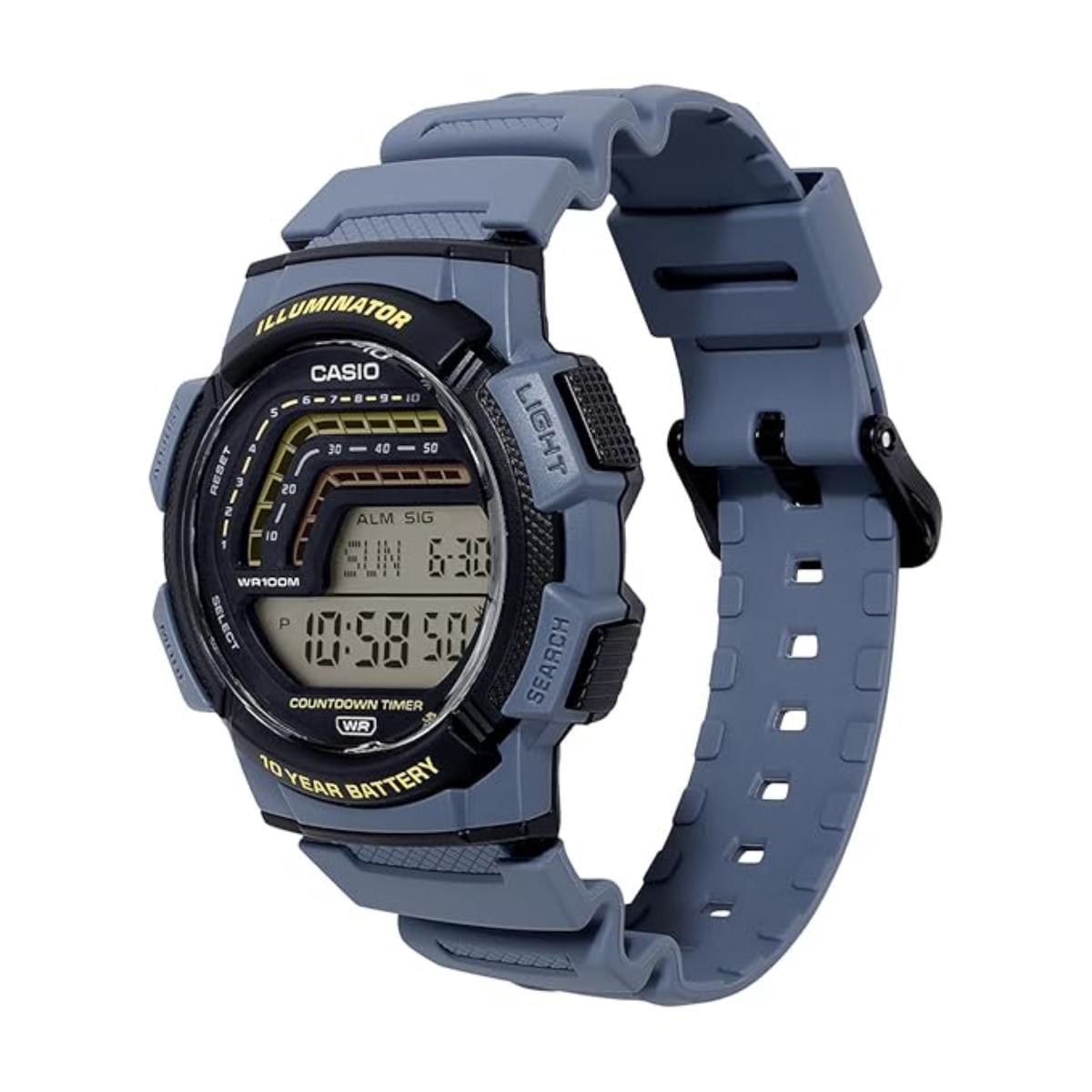 Casio digital watch with blue strap on a white background