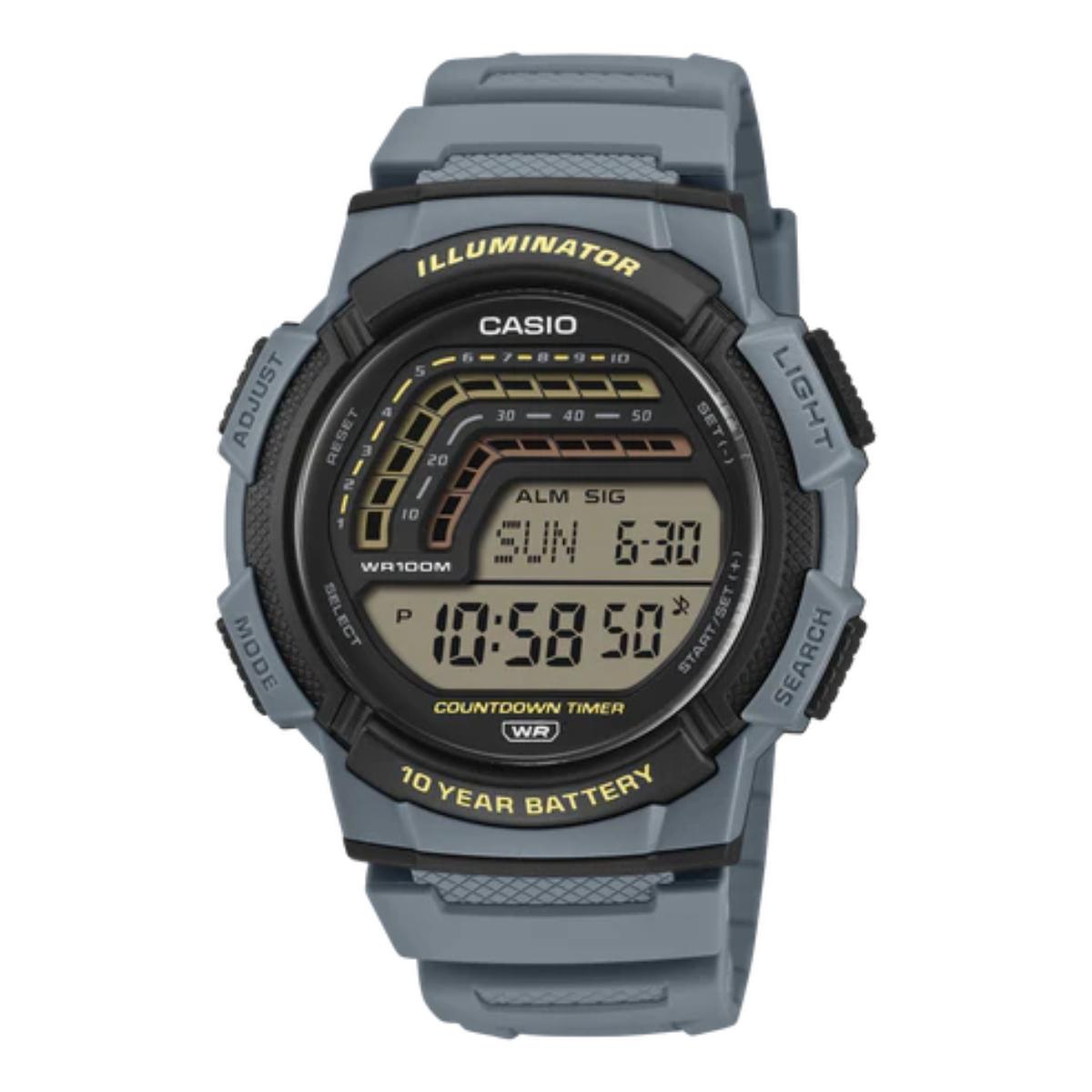 Casio digital watch with gray strap on a white background