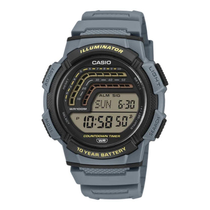 Casio digital watch with gray strap on a white background