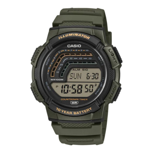 Green Casio digital watch with black bezel on a white background