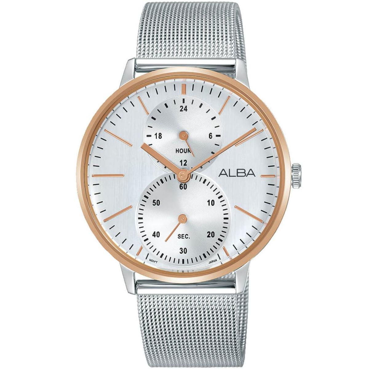 Silver watch with a white face and rose gold accents on a white background